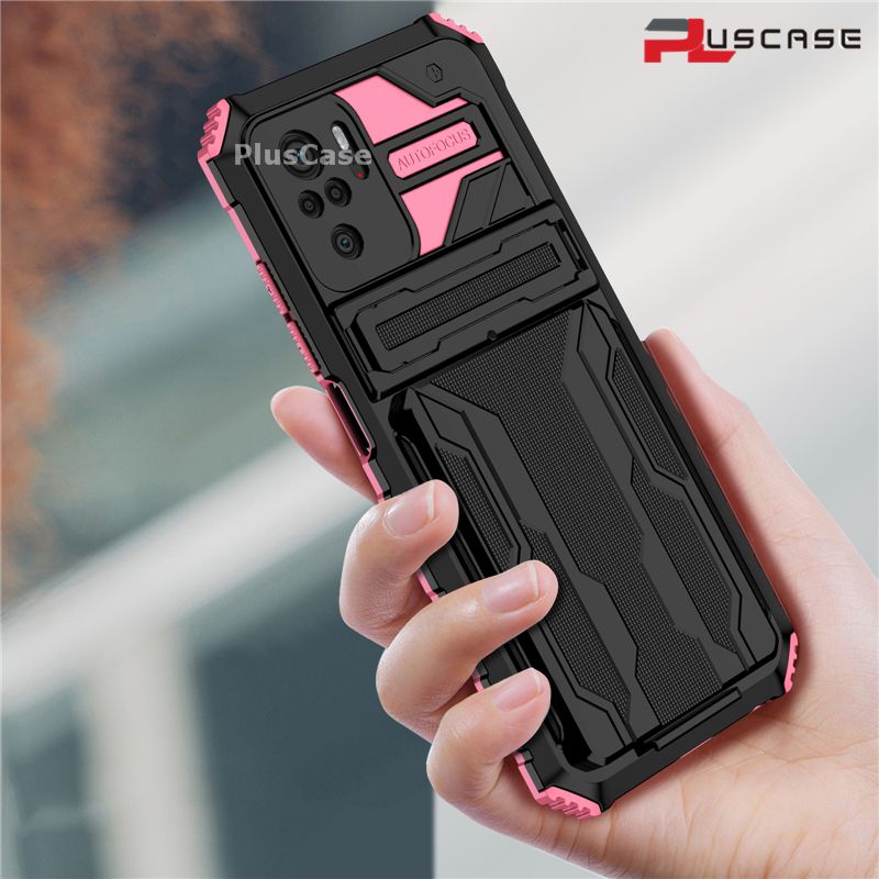 PlusCase for Xiaomi Redmi Note 10 4G / Redmi Note 10S Case Card Slot Holder Lens Protect Casing Kickstand Shockproof Phone Back Cover