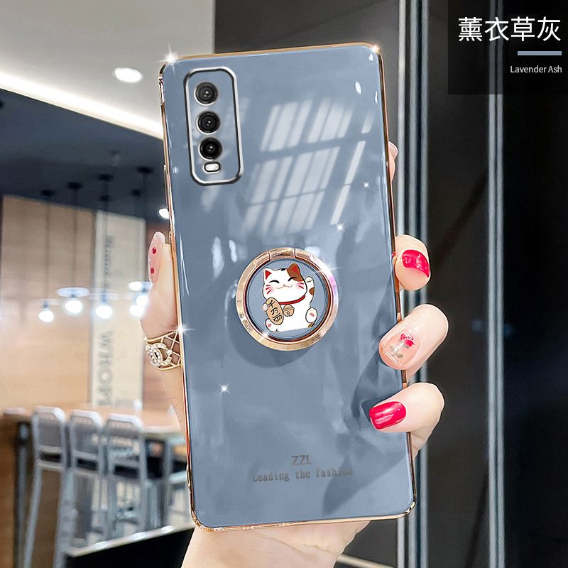 For Vivo Y20S Cover + Ring Holder Stand Shiny Plating Square Bumper Phone Case Lens Protection Soft Silicone Shockproof Protective Back Cover