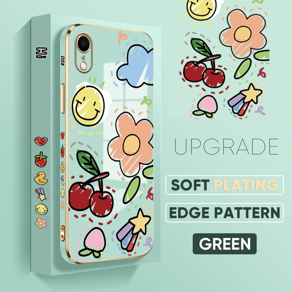 TA for iPhone XR Back Cover + Free Lanyard Colorful Fruit Painting Luxury 6D Plating Case Side Pattern Soft Silicone Square Phone Cases
