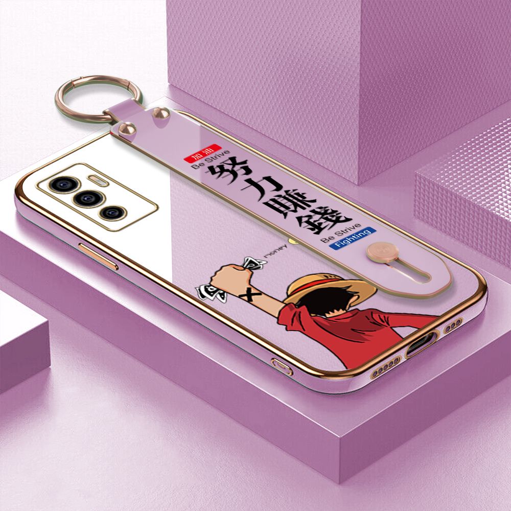 TA for Vivo V23E / V23E 5G Wrist Strap Back Cover Struggle Luffy Fashion Luxury 6D Plating Soft Casing Silicone Square Frame Phone Case