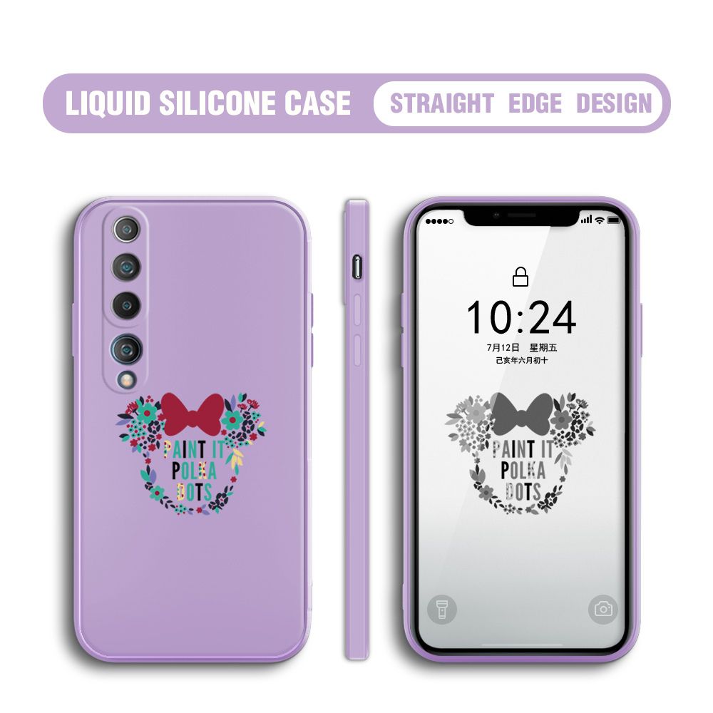 BILI for Xiaomi 10 Back Cover Flowers Minnie Multicolor Liquid Silicone Phone Case Soft Square Lens Protection Phone Cases
