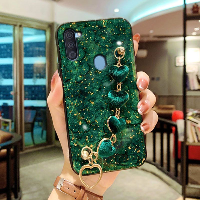For Samsung Galaxy A11 Back Cover with Love Heart Wristband Chain Fashion Bracelet Marble Glitter Case Soft Silicone Bumper Protective Mobile Phone Cases