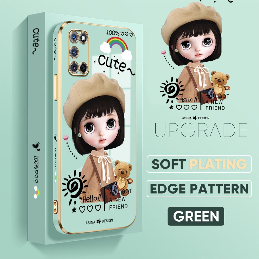 Jizetin (Free Lanyard) OPPO A92 / A52 Cover Satchel Girl Luxury 6D Plating Soft Casing Silicone Square Frame Phone Case Shiny Bling Back Cover