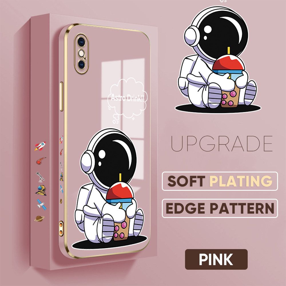 TA for iPhone XS MAX Back Cover + Free Lanyard Cute Astronaut Luxury 6D Plating Case Side Pattern Soft Silicone Square Phone Cases