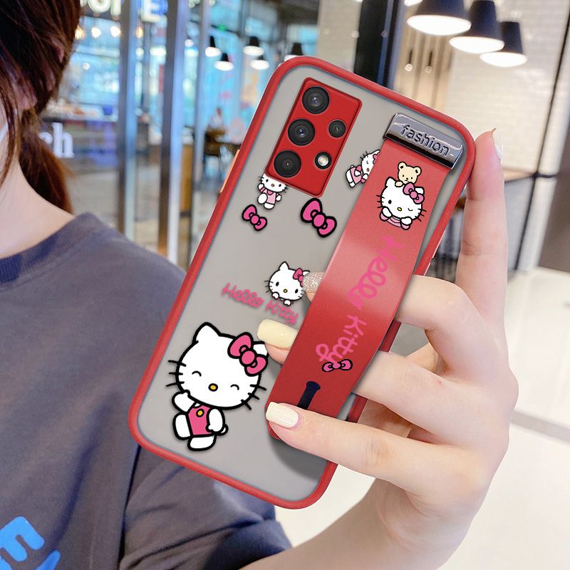 UCUC for Samsung Galaxy A32 Wrist Strap Case Lovely KT Cat Wristband Printing Cover Shockproof Ultra Thin Phone Case