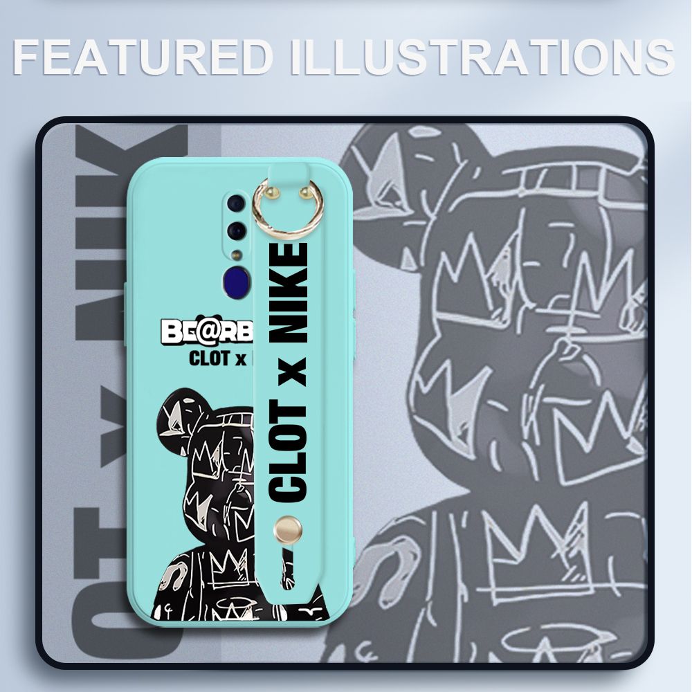 UCUC for OPPO F11 Wrist Strap Case Creative Cartoon Black Stitching Bear Cover Ultra Thin Anti Fall Liquid Silicone Phone Case