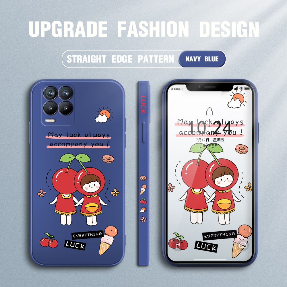 Jizetin for Realme 8 Case Fashion Cherry Girl Design Side Design Phone Case Square Edge Pattern Liquid Silicone Cases Full Cover Camera Shockproof Protective Case