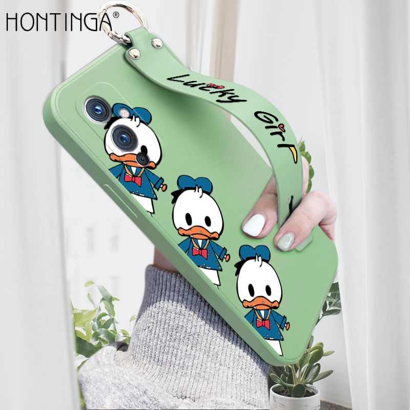 Hontinga for OnePlus 9 Wrist Strap Case Cute Cartoon Little Duck Phone Case Square Edge Liquid Silicone Case Full Cover Camera Shockproof Protective Cases
