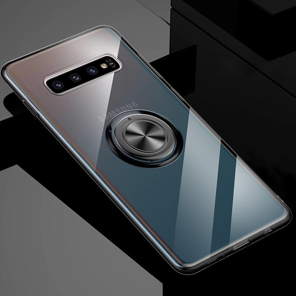 For Samsung Galaxy S10 S9 S8 Plus S10e Note 9 8 A9  M20 M30 Phone Case, Transparent Shockproof Soft Silicone TPU Cover Back Magnetic Ring Holder Casing