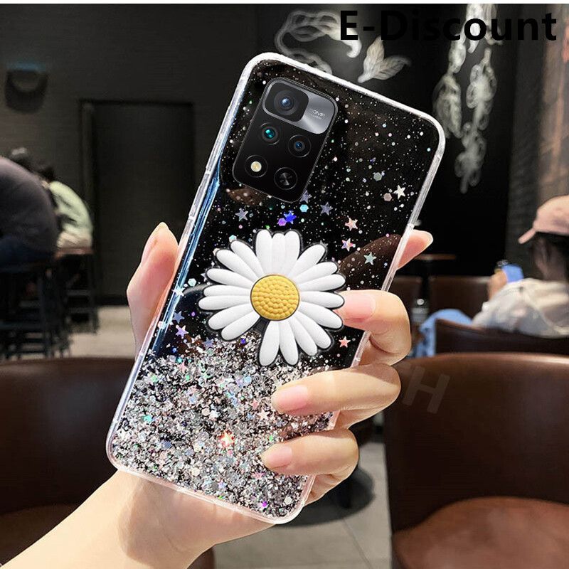 For Xiaomi Poco M4 Pro Transparent Bling Glitter Cases Soft Clear Shining Sequin Case with Daisy Flowers Folding Mi PocoM4 Pro Back Cover