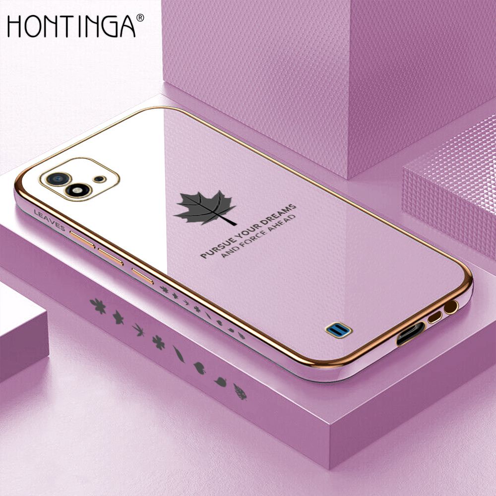 Hontinga for Realme C20A Case Luxury 6D Plating Maple Leaf Side Pattern Soft Back Cover Silicone Square Frame Shiny Bling Phone Cover