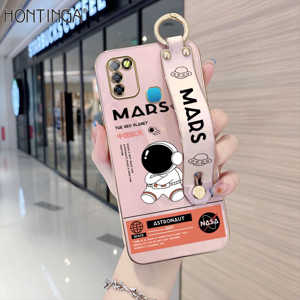 Hontinga for Infinix Smart 5 Back Cover With Wristband Luxury 6D Plating Cute Space Astronaut  Case Soft Silicone Square Phone Cases
