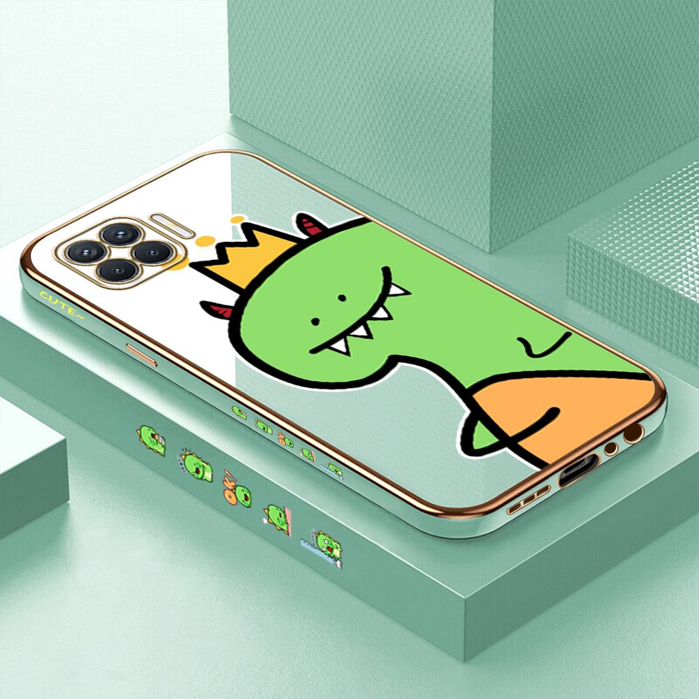 Luxury 6D Plating Case for OPPO F17 Pro A93 2020 Cute Cartoon Crown Dinosaur Side Pattern Back Cover Soft Silicone Square Phone Cases + Free Lanyard