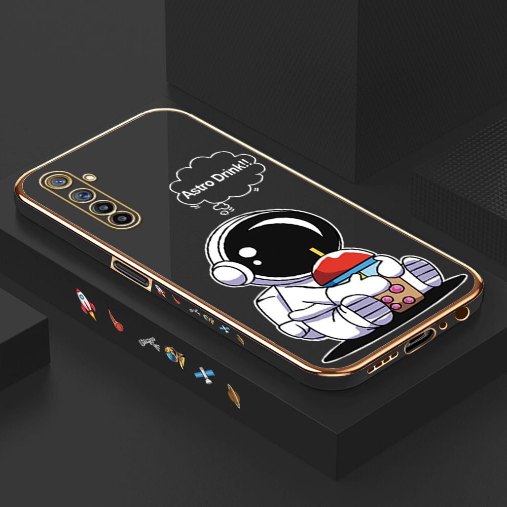 Luxury 6D Plating Case for Realme 6 Pro Cute Cartoon Happy Astronaut Side Pattern Back Cover Soft Silicone Square Phone Cases + Free Lanyard