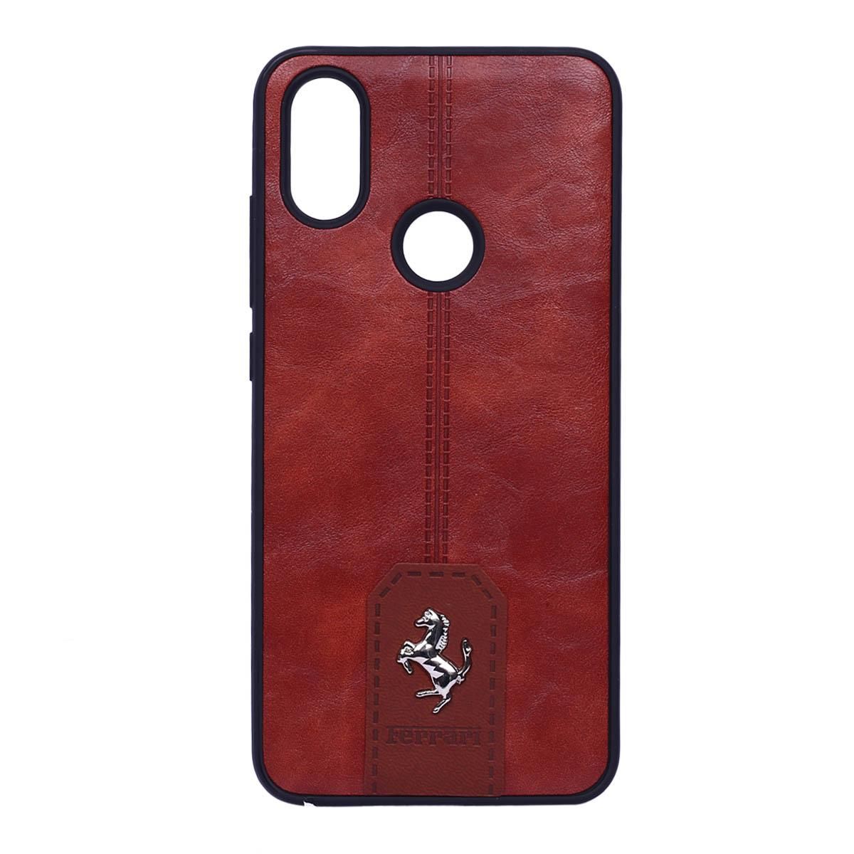Ferrari Leather Back Case For Redmi 6 Pro - Coffee