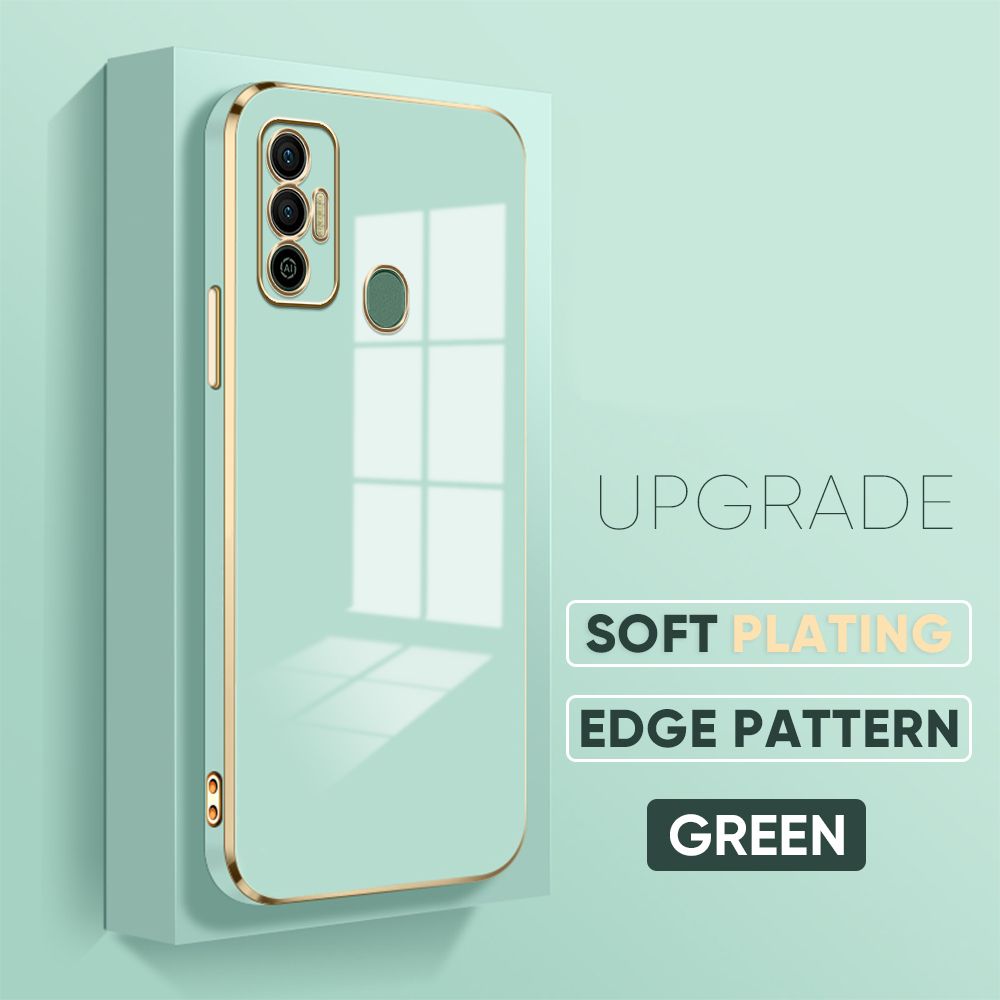 Jizetin (Free Lanyard) Tecno Spark 7 / Spark 7T Back Cover Pure Color Luxury 6D Plating Case Side Pattern Soft Silicone Square Mobile Phone Cases