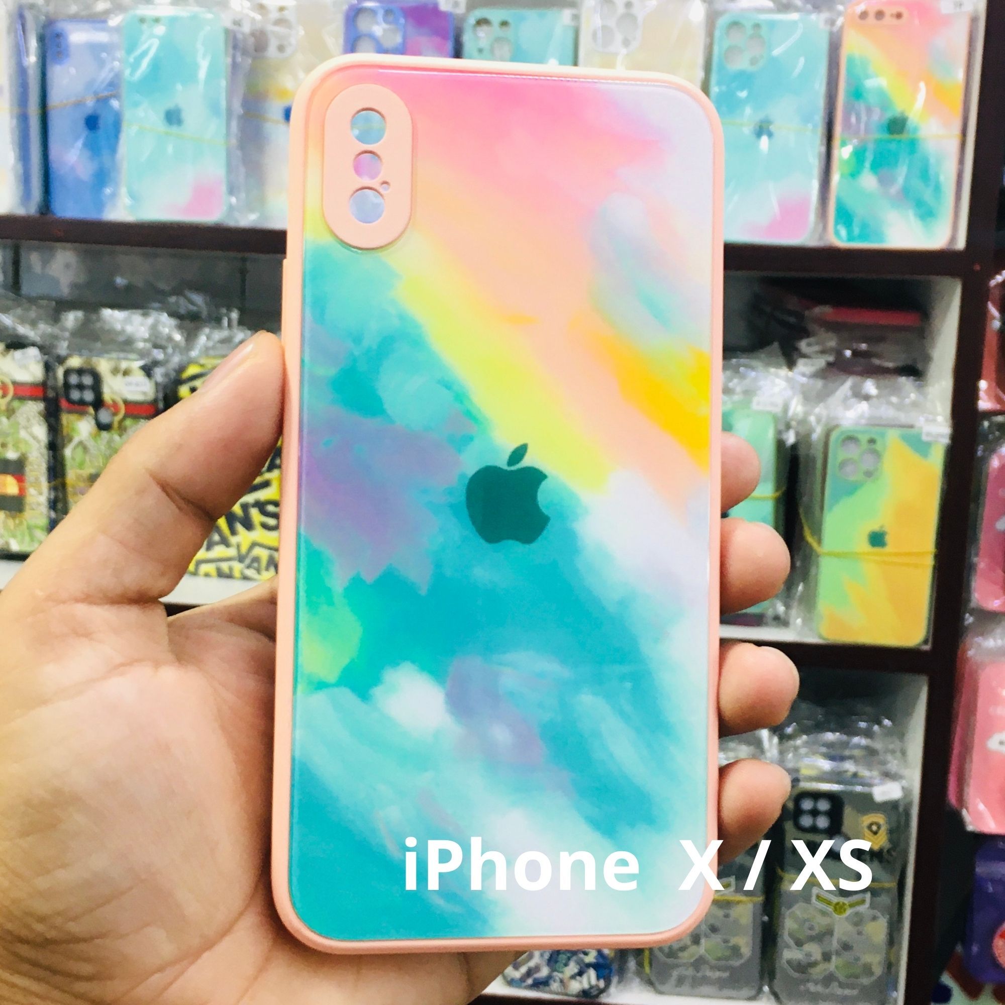 For Iphone X / Xs Watercolor Art Case With Logo Camera Lens Full Coverage Silicone Glass Case Back Cover - Phone Back Cover