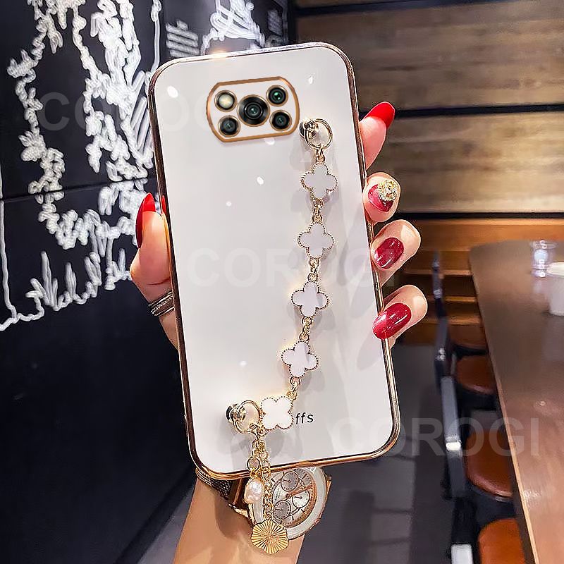 For Xiaomi POCO X3 NFC Back Cover with Lucky Clover Wristband Chain Fashion Bracelet Shiny Plating Square Edge Bumper Phone Case Soft Silicone Bumper Protective Cover