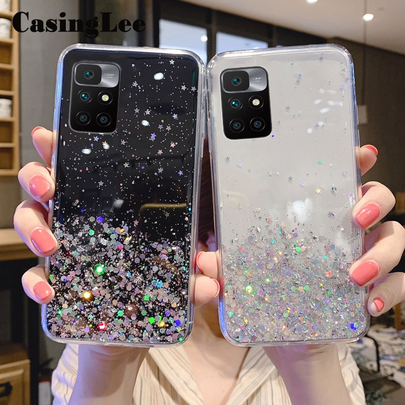 Casinglee For Xiaomi Poco M4 Pro case Full Stars Moon Glitter Bling Sequins Cases Soft Back cover for Xiaomi Mi Poco M4 Pro Phone cases Starry Sky Transparent For girls and Boys