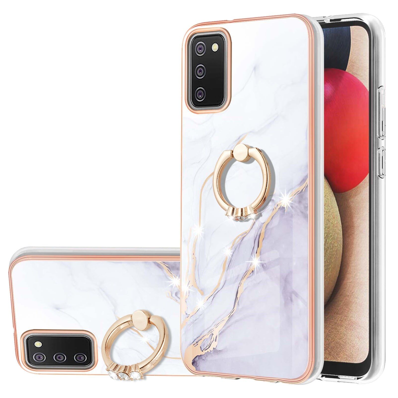 Case for Samsung Galaxy A02S Marble Pattern Hybrid Hard Back Soft TPU Bumper Case Cover with Ring Holder Stand