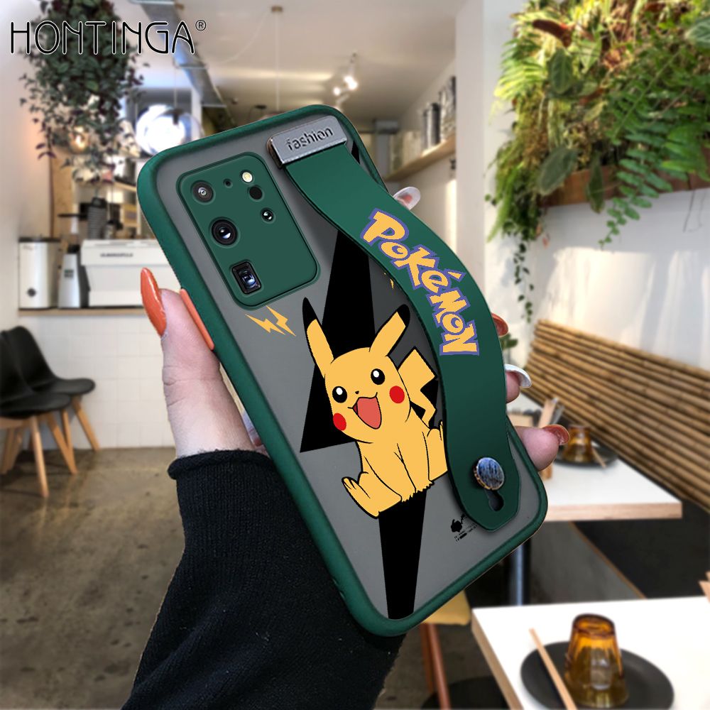 Hontinga for Samsung S20 Ultra Back Cover With Wristband Cartoon Pikachu Phone Casee Full Lens Protection Thin Frosted Cases