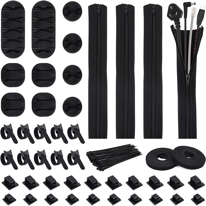 146Pcs Cable Management Organizer Kit Cable Sleeve with Zipper,Self-Adhesive Cable Ties,Cable Straps,Self Adhesive Ties