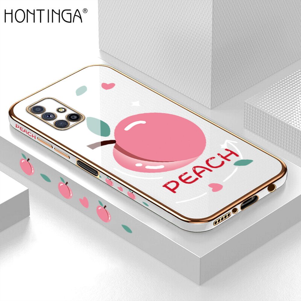 Hontinga for Samsung M51 Back Cover + Free Lanyard Luxury 6D Plating Cartoon Simple Peach Side Pattern Case Soft Silicone Square Mobile Cover