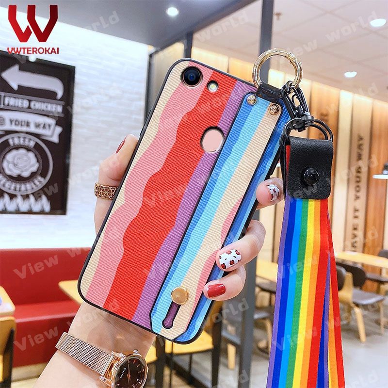 for OPPO F5 F9 F11 F11 Pro F17 F17 Pro Fashion Cute Rainbow Colorful Shoulder Strap Phone Case with Wrist Strap + Lanyard Soft Silicone Protective Back Cover
