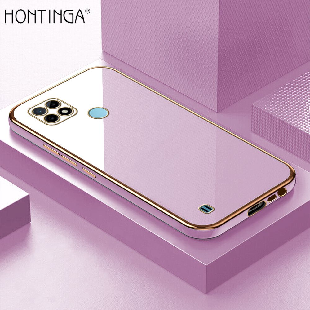 Hontinga for Realme C21Y / C25Y Back Cover + Free Lanyard Luxury 6D Plating Frame Shiny Bling Case Soft Silicone Square Mobile Cover