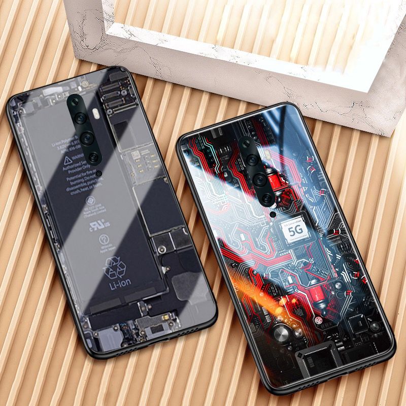 For OPPO Reno 2F Case Explorer Version Theme Back Cover Tempered Glass Protector Back Cover for OPPO Reno 2F Back Cover Clear Circuit Board Design Full Coverage For s