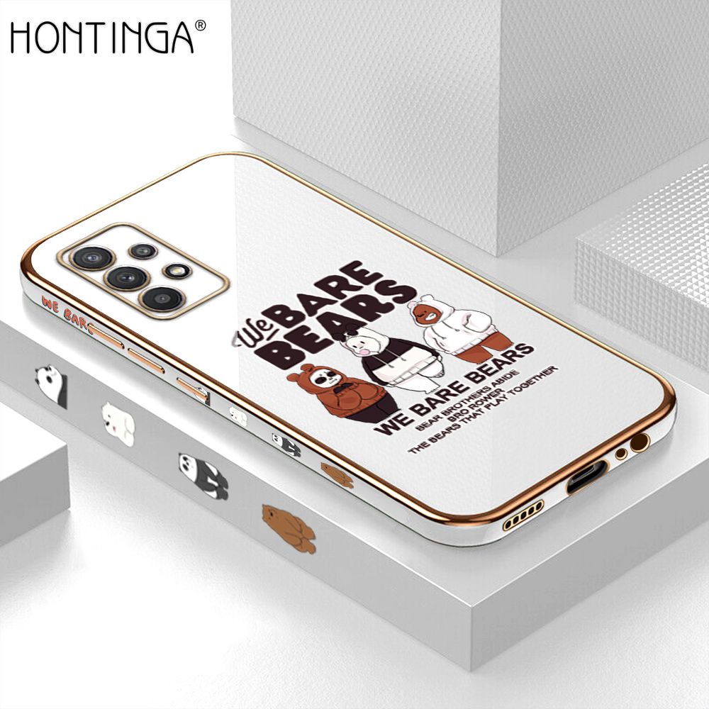 Hontinga for Samsung A32 4G Back Cover + Free Lanyard Luxury 6D Plating Cute Three Bears Side Pattern Case Soft Silicone Square Mobile Cover