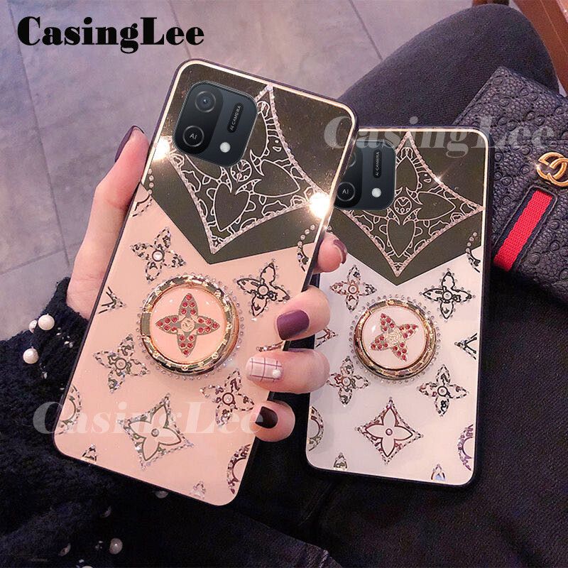 CasingLee For OPPO A16K case Navigation Magnetic Ring Holder Luxury Diamond clover Mirror Back Cover OPPO A16K Phone cases cover Luxury with Lanyard For girls and Boys
