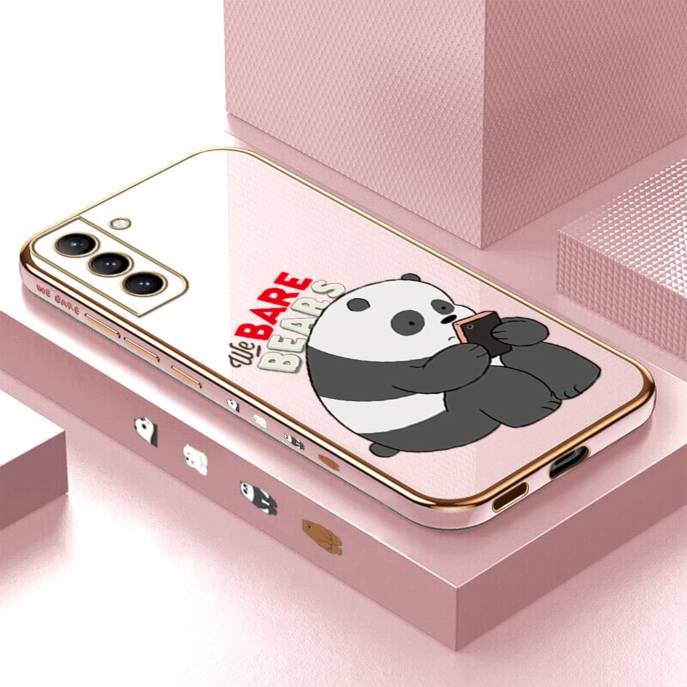 Luxury 6D Plating Case for Samsung S21 Plus 5G Cartoon Panda Side Pattern Back Cover Soft Silicone Square Frame Shiny Bling Phone Cases + Free Lanyard