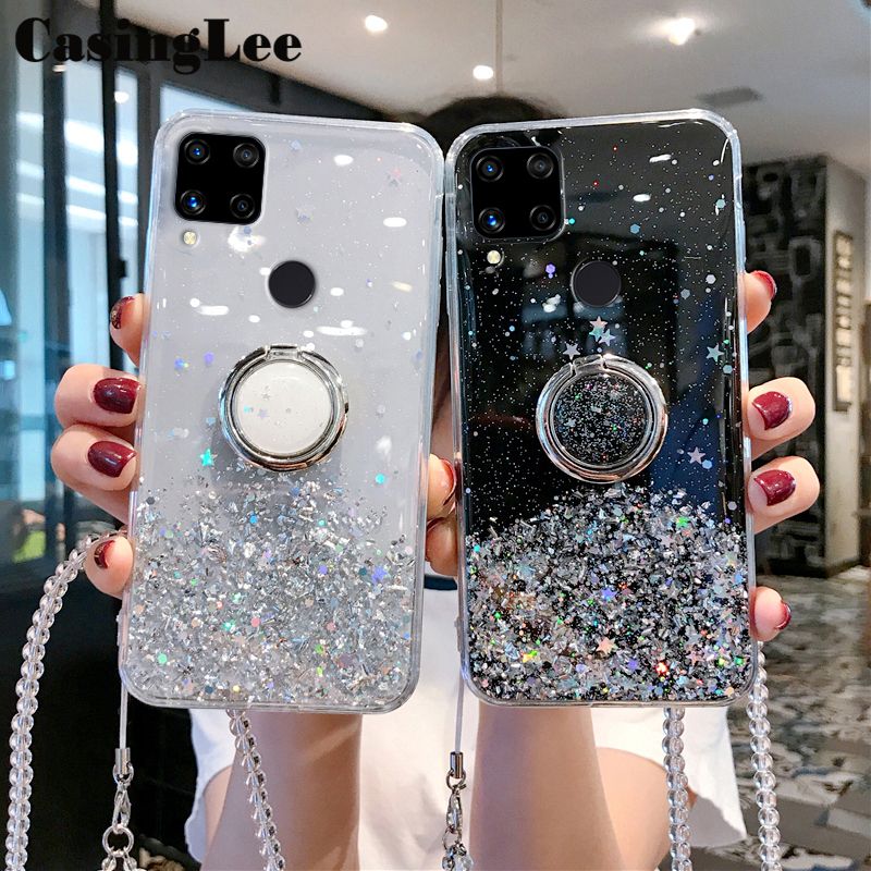 Casinglee for Realme C25S case Shiny Ring Glitter Soft Transparent Holder Stand Back cover with String for Realme C25S Phone cases cover Stars Moon Girls