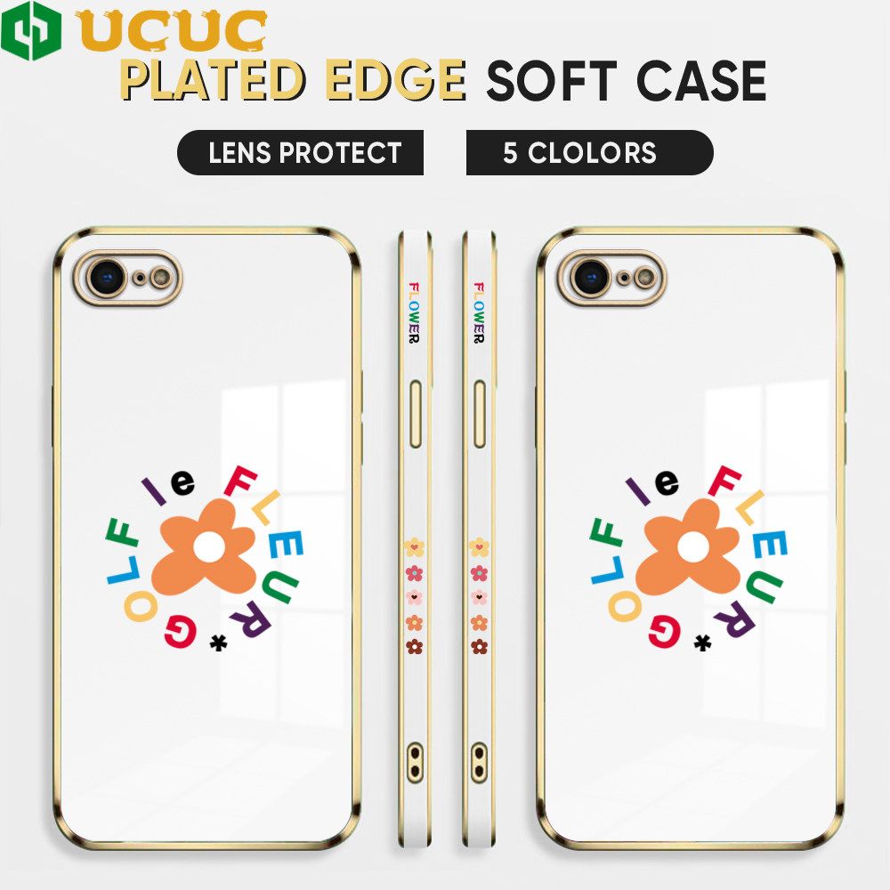 UCUC for iPhone 7 8 SE 2020 SE 2022 Back Cover + Free Lanyard Colorful Flower Luxury 6D Plating Case Side Pattern Soft Silicone Square Phone Cases