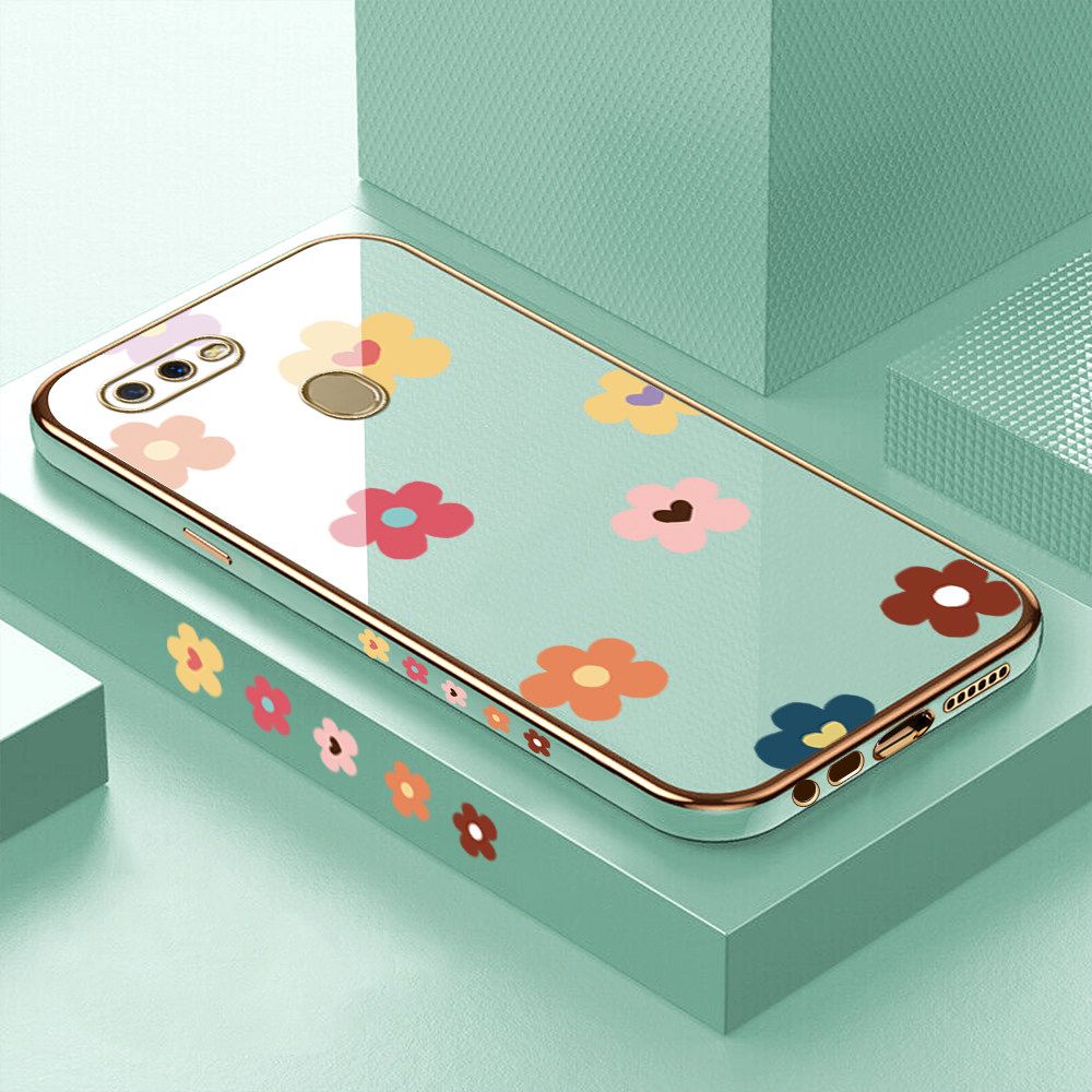 Luxury 6D Plating Case for OPPO A5S Color Cartoon Flowers Side Pattern Back Cover Soft Silicone Square Frame Shiny Bling Phone Cases + Free Lanyard