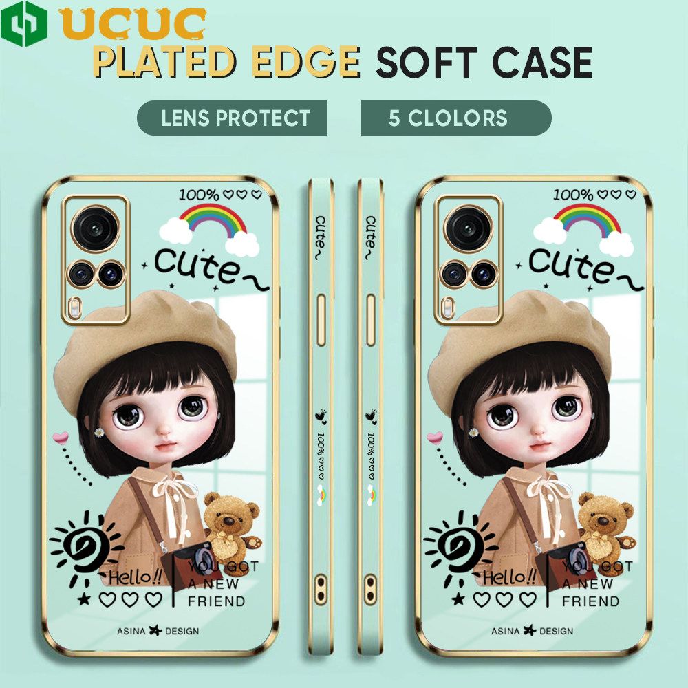 UCUC for Vivo X60 Back Cover + Free Lanyard Sunshine Girl Luxury 6D Plating Case Side Pattern Soft Silicone Square Phone Cases