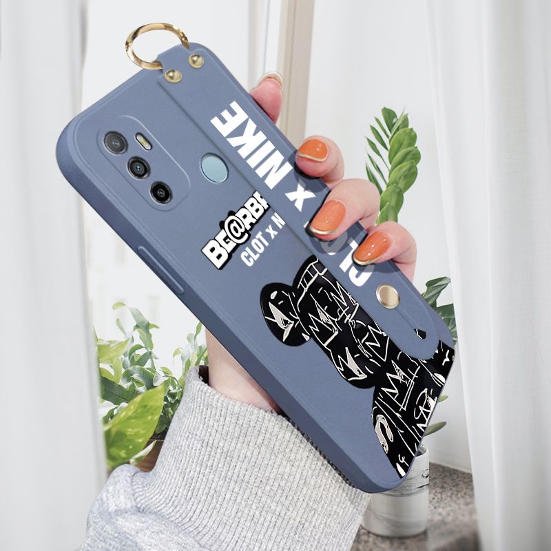 Jizetin for OPPO A53 2020 Wrist Strap Case Creative Cartoon Black Stitching Bear Cover Ultra Thin Anti Fall Liquid Silicone Phone Case