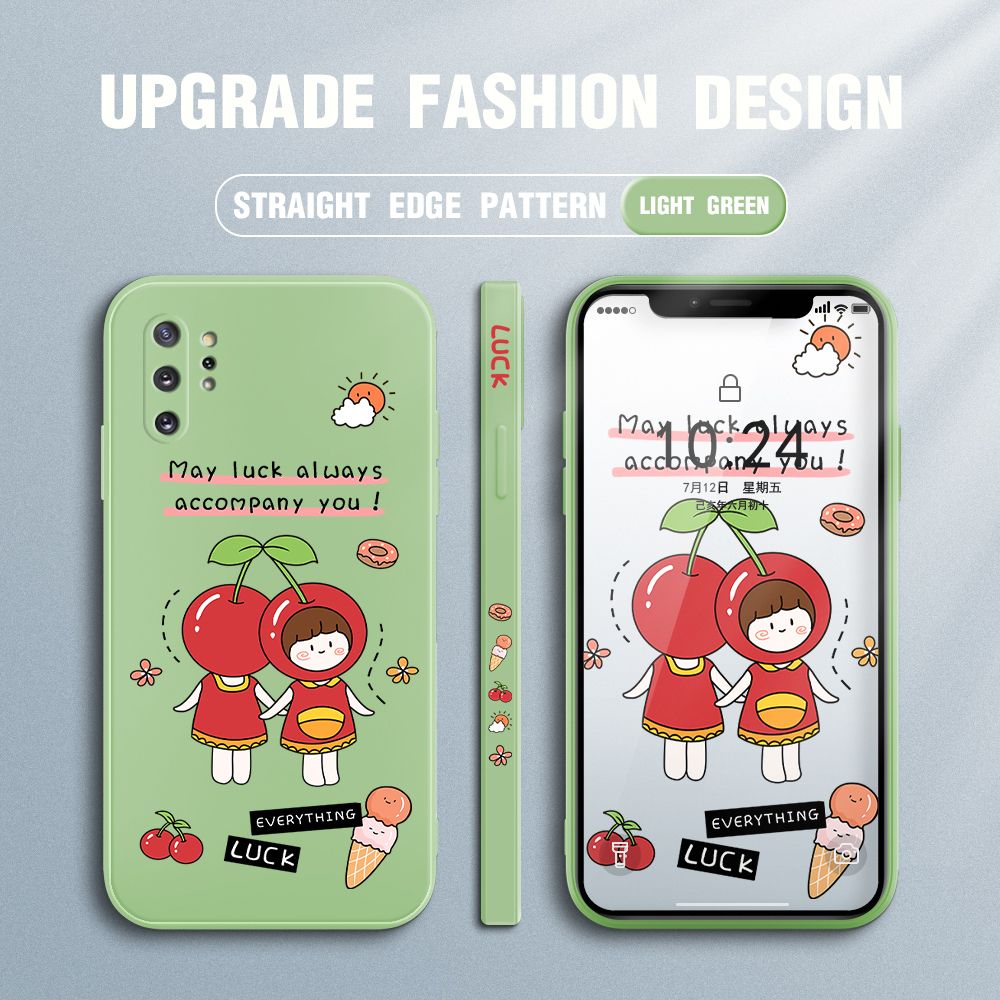 Jizetin for Samsung Galaxy Note 10 Plus Case Fashion Cherry Girl Design Side Design Phone Case Square Edge Pattern Liquid Silicone Cases Full Cover Camera Shockproof Protective Case