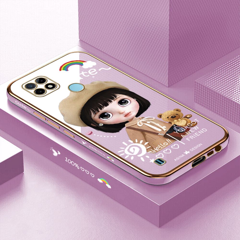 Luxury 6D Plating Case for Realme C21Y Cute Satchel Girl Side Pattern Back Cover Soft Silicone Square Phone Cases + Free Lanyard