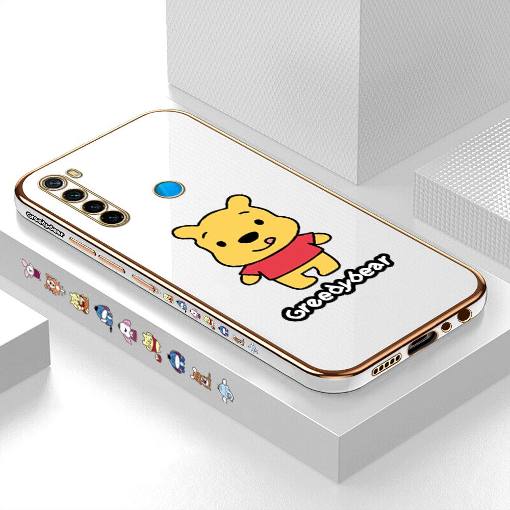 Luxury 6D Plating Case for Redmi Note 8 Squirming Little Sweet Bear Side Pattern Back Cover Soft Silicone Square Frame Shiny Bling Phone Cases + Free Lanyard