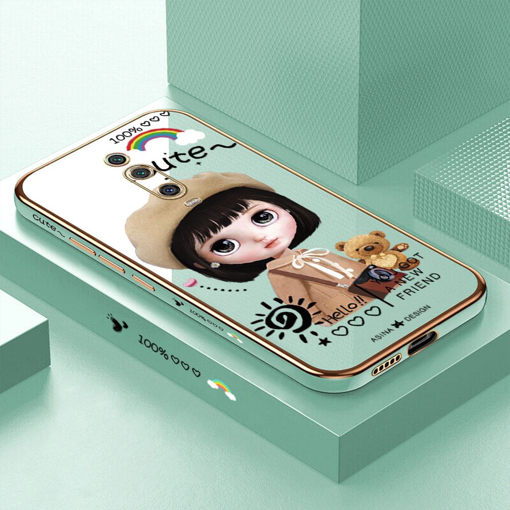 Luxury 6D Plating Soft Casing Silicone Square Frame Phone Case For Redmi K20 Case Shiny Bling Back Cover Cute Girl With Shoulder Bag Square Edge Pattern Design Soft Case + Free Lanyard