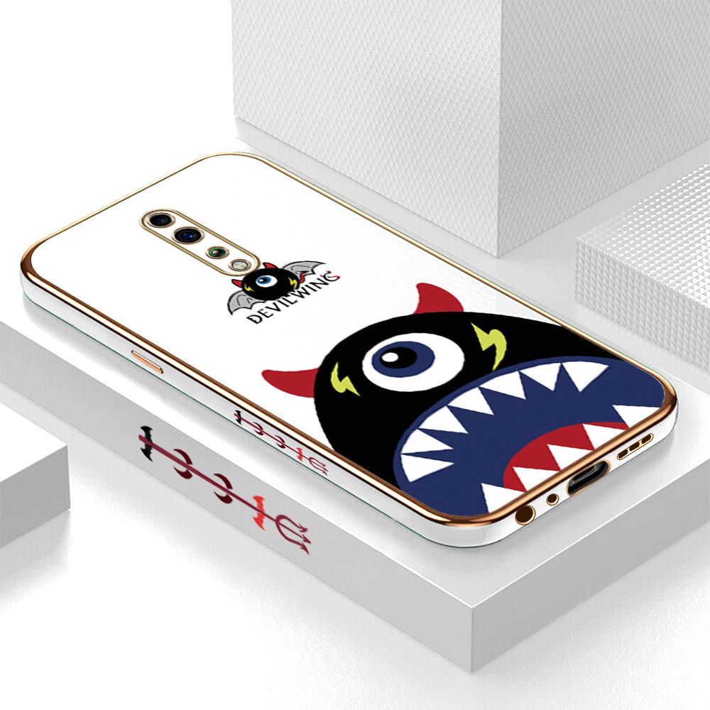 Luxury 6D Plating Case for OPPO Reno Z Cartoon One-eyed Devil Wing Side Pattern Back Cover Soft Silicone Square Frame Shiny Bling Phone Cases + Free Lanyard