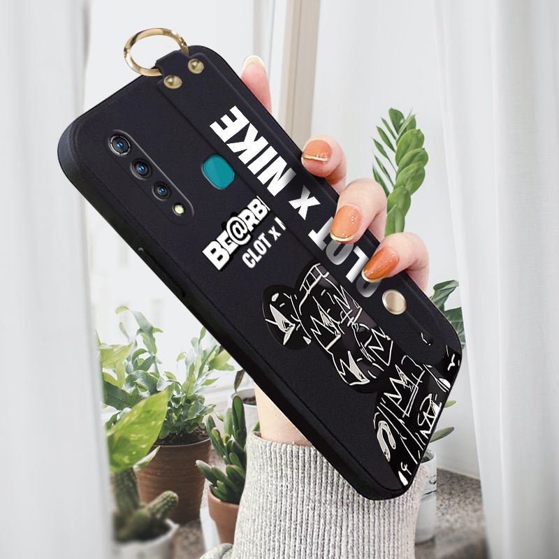 Jizetin for Vivo Z1 Pro Wrist Strap Case Creative Cartoon Black Stitching Bear Cover Ultra Thin Anti Fall Liquid Silicone Phone Case