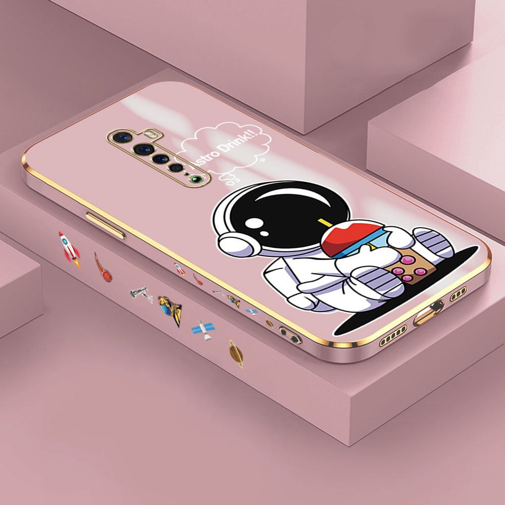Jizetin (Free Lanyard) OPPO Reno 2 Case Cute Cartoon Drink Astronaut Luxury 6D Plating Soft Casing Silicone Ultra Thin Phone Cover