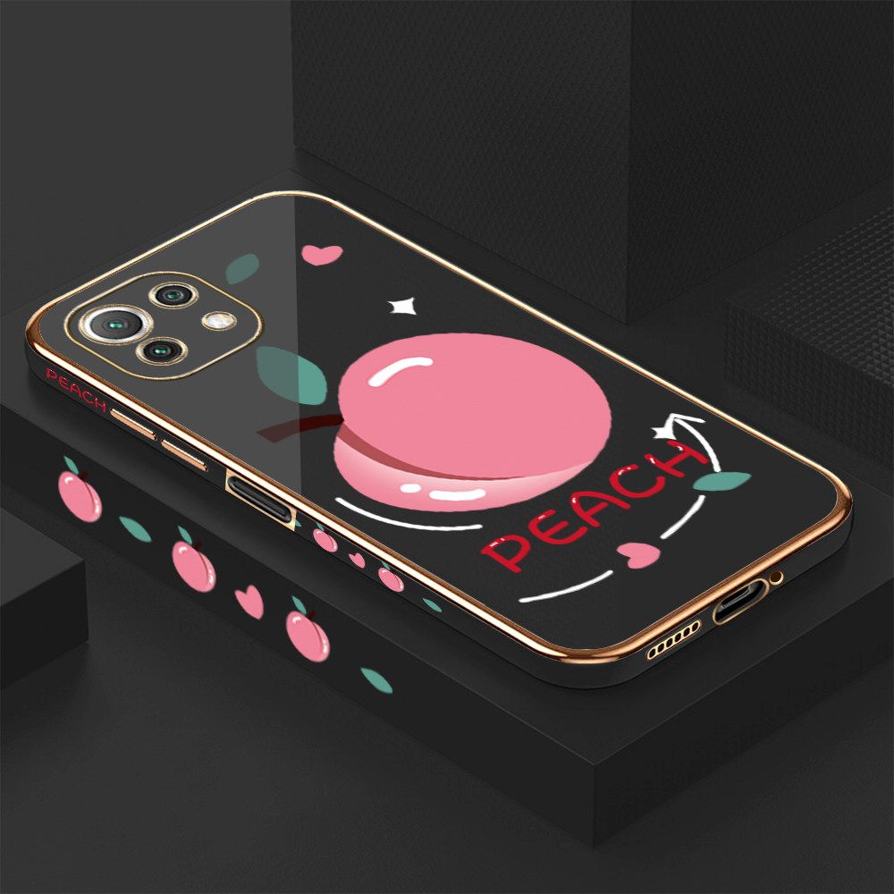 Luxury 6D Plating Case for Xiaomi 11 Lite 5G NE Cartoon Simple Peach Side Pattern Back Cover Soft Silicone Square Frame Shiny Bling Phone Cases + Free Lanyard