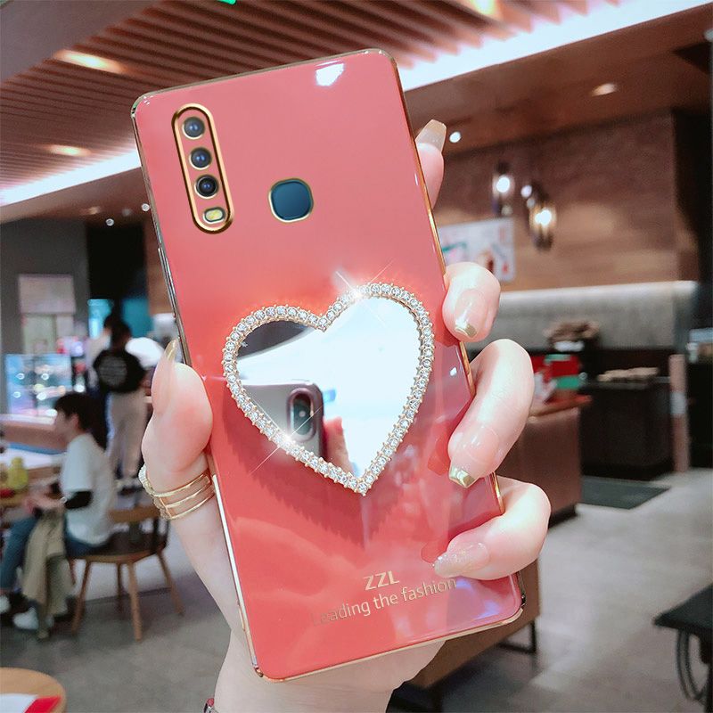 For Vivo Y15 Cover with Makeup Mirror Shiny Plating Square Bumper Girls Phone Case Soft TPU Silicone Shockproof Protective Back Cover