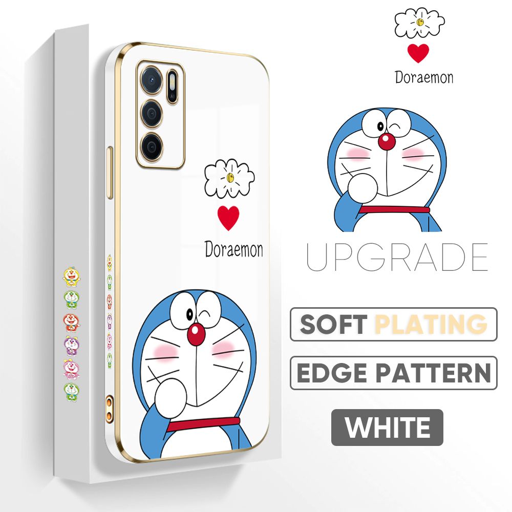 Jizetin (Free Lanyard) OPPO A16 Cover Sneak Doraemon Luxury 6D Plating Soft Casing Silicone Square Frame Phone Case Shiny Bling Back Cover