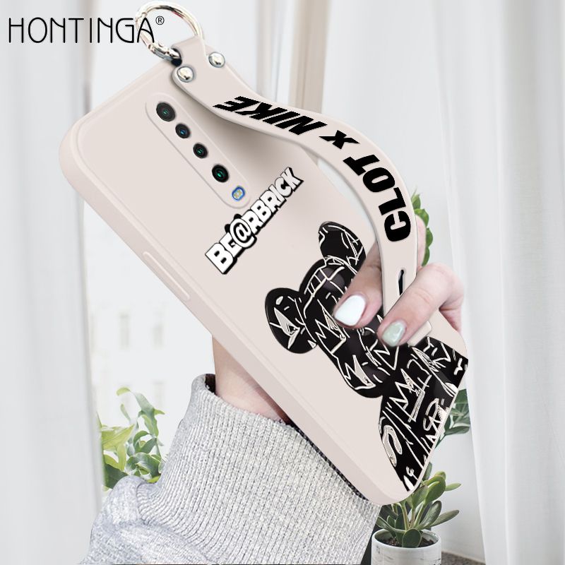 Hontinga for Xiaomi Poco X2 Wrist Strap Case Fashion Black Brand Bear Phone Case Square Edge Liquid Silicone Cases Full Cover Camera Shockproof Protection Cases
