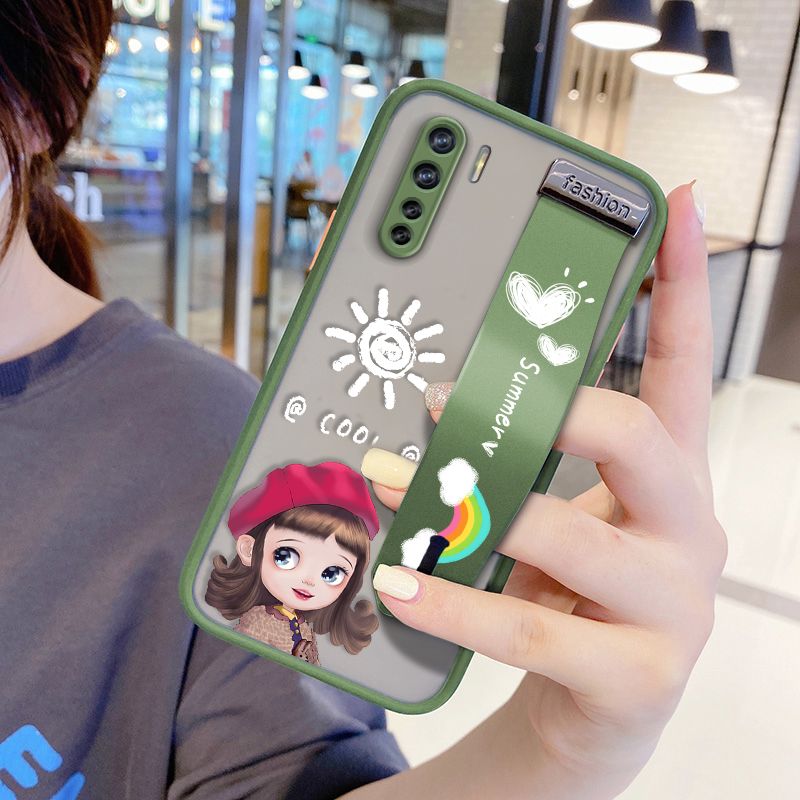 UCUC for OPPO A91 Wrist Strap Case Lovely Cartoon Red Hat Girl Wristband Printing Cover Shockproof Frosted Phone Case